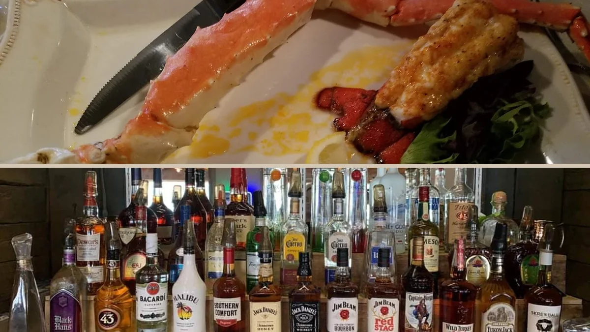 Bar area beside a seafood-focused dining room.