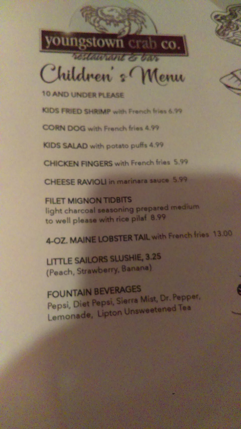 Appetizers menu page with seafood starters.